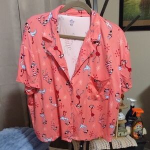 Coral Short-Sleeve Button Pajama Top with Flamingo Motif